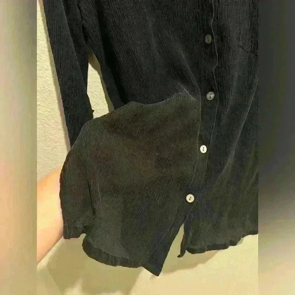 Vintage Chico’s Design Y2K Women’s Silk Black Long Sleeve Ribbed Button Up Top - Picture 7 of 9